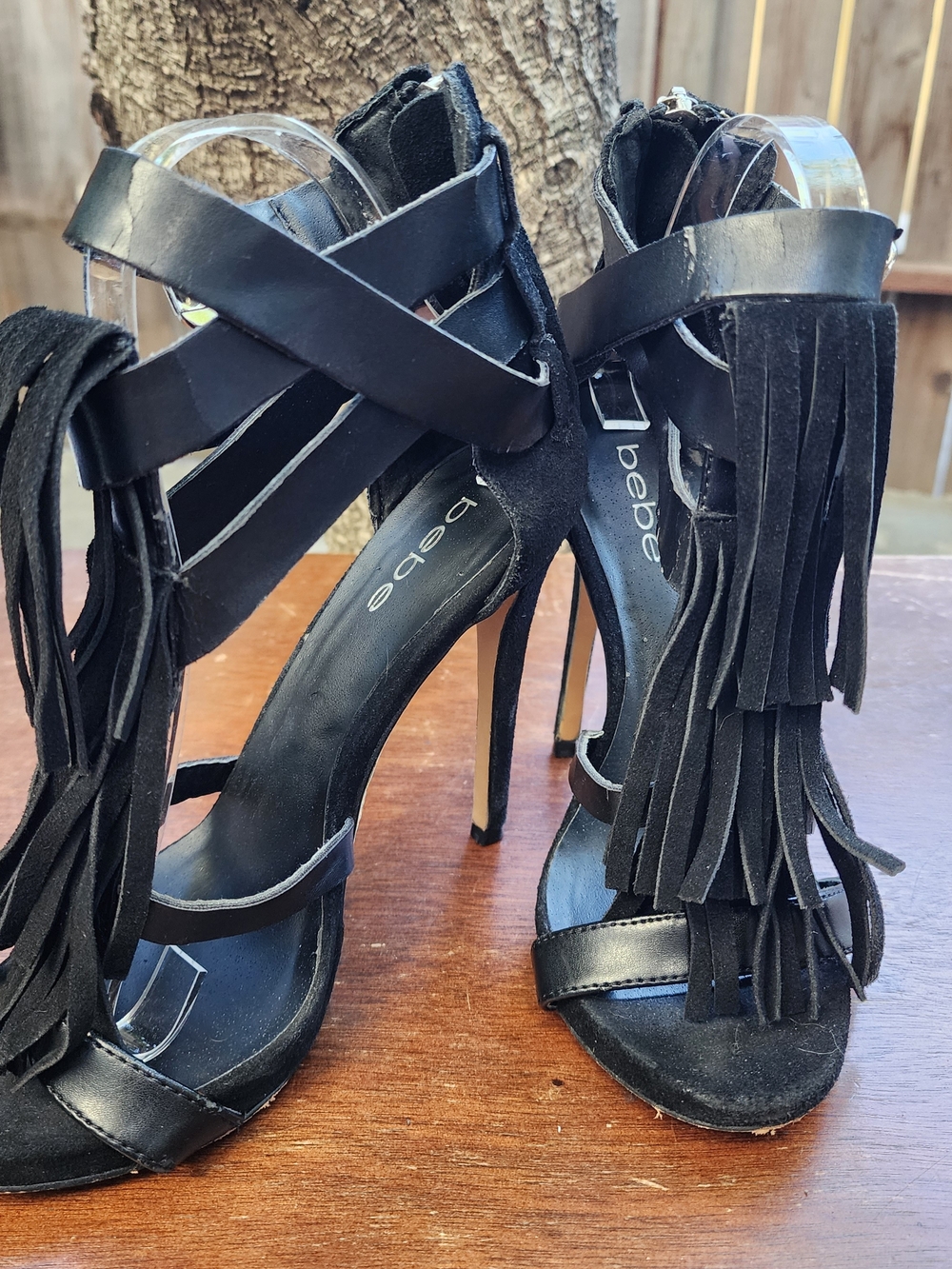 Bebe Black Fringe Strappy Stiletto Heels Ankle Strap Gladiator Sandals [7]